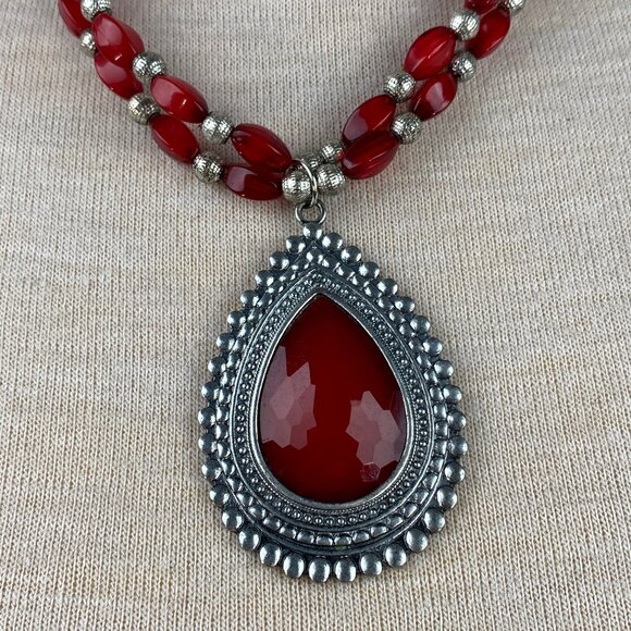 Ruby Rd Red & Silver Tone Boho Pendant Beaded Necklace 22" - Picture 2 of 7